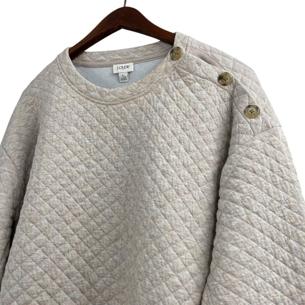 J. Crew Oatmeal Quilted Button Neck Sweater Womens Size Large Raglan Sleeves - Picture 3 of 8